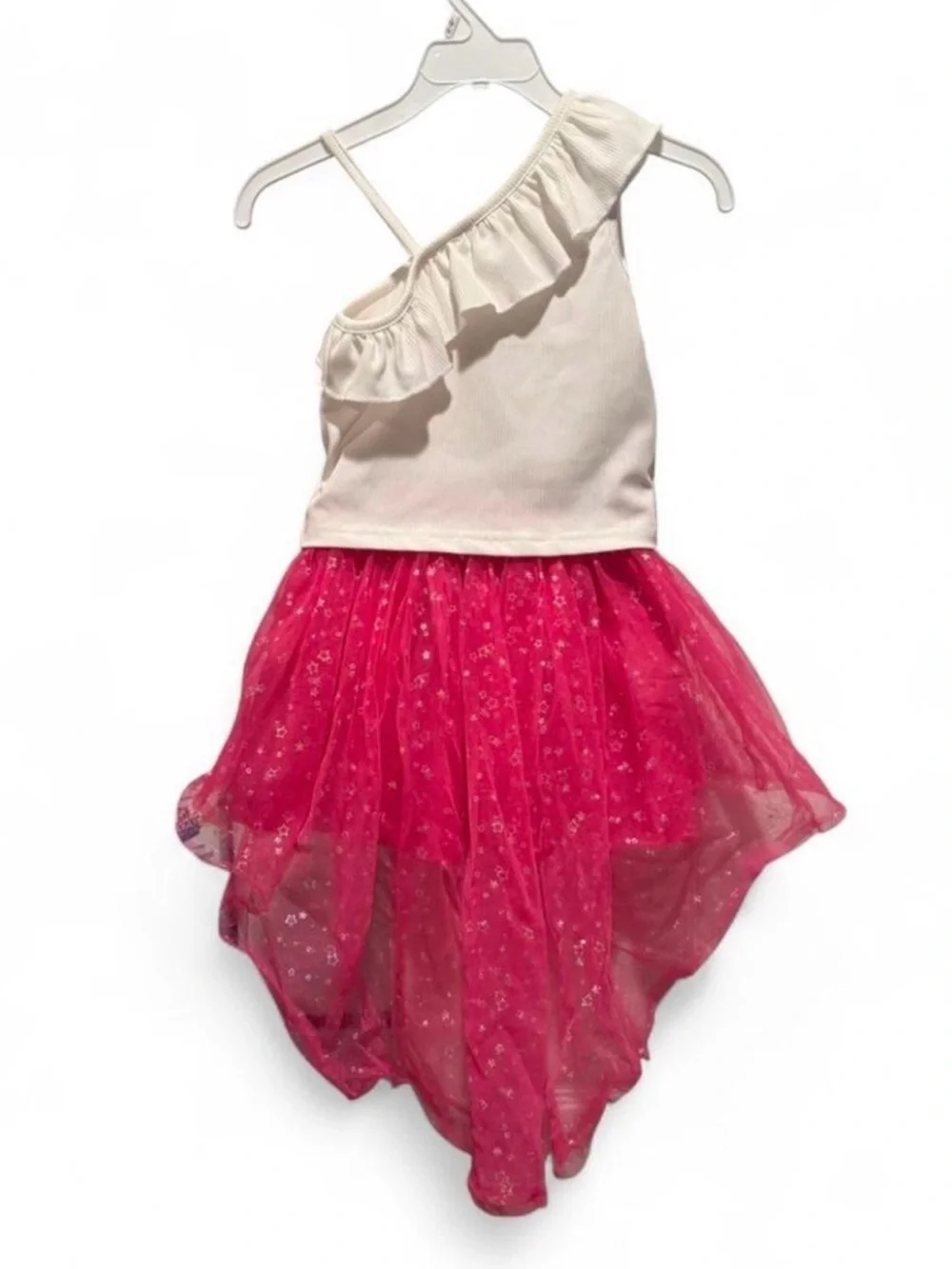 SHEIN White One-Shoulder Top with Hot Pink Tulle High-Low Skirt